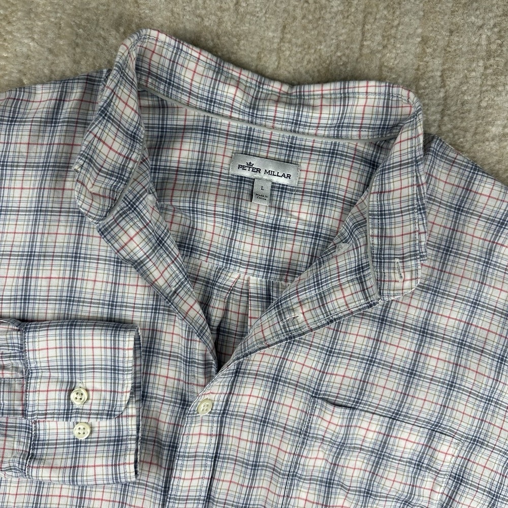 Peter Millar Shirt Mens Large Button Down Colorful Check Plaid Long Sleeve White